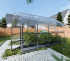 Greenhouse with plants in a backyard setting