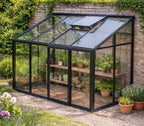 A modern greenhouse with a black metal frame and glass panels, situated outdoors against a brick wall with potted plants inside and around it.