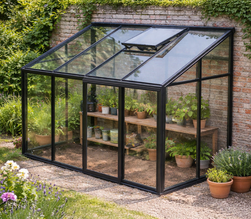 A modern greenhouse with a black metal frame and glass panels, situated outdoors against a brick wall with potted plants inside and around it.